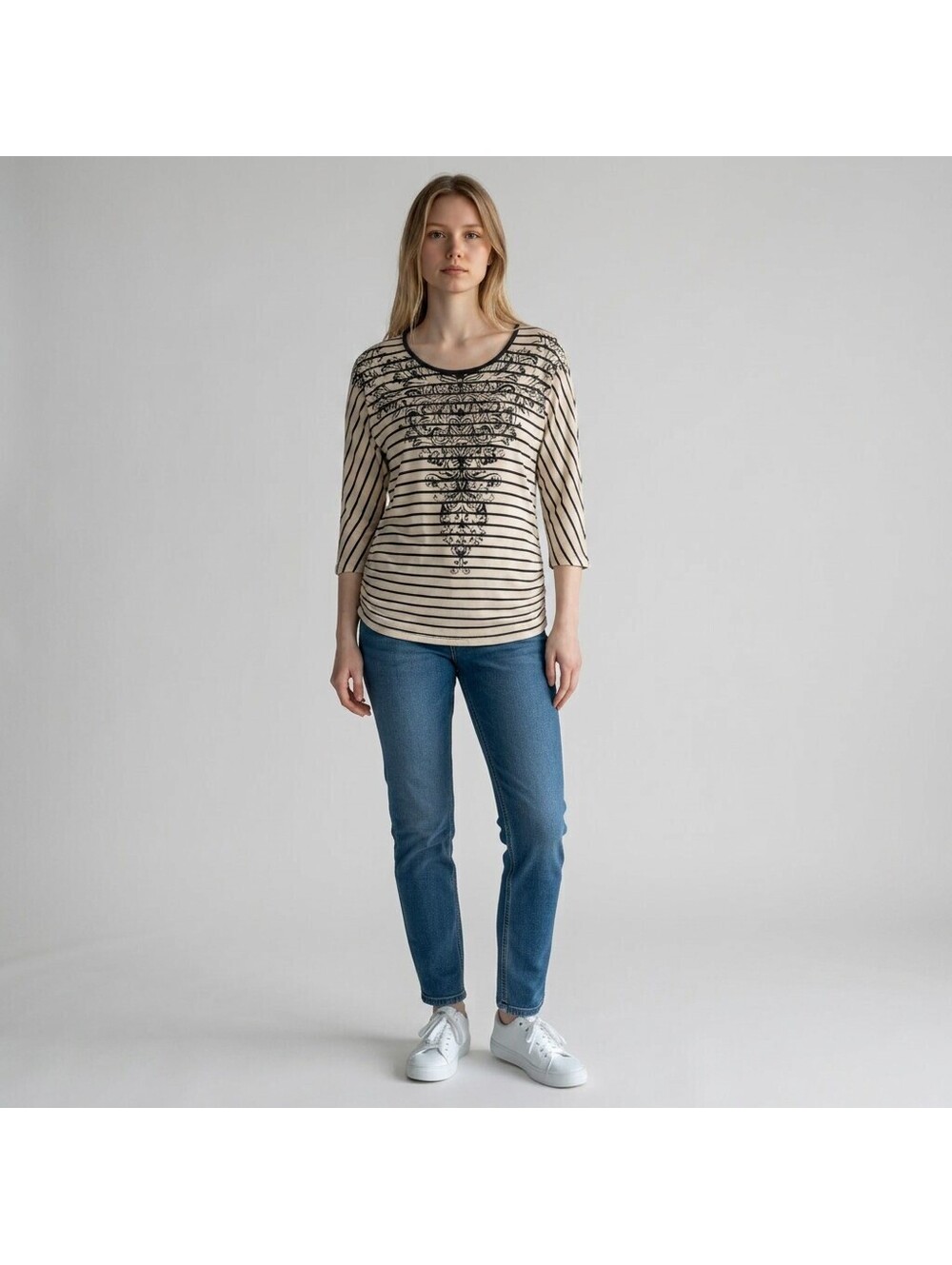Christopher & Banks Top Women L Large Beige Striped 3/4 Sleeve Casual Stretch